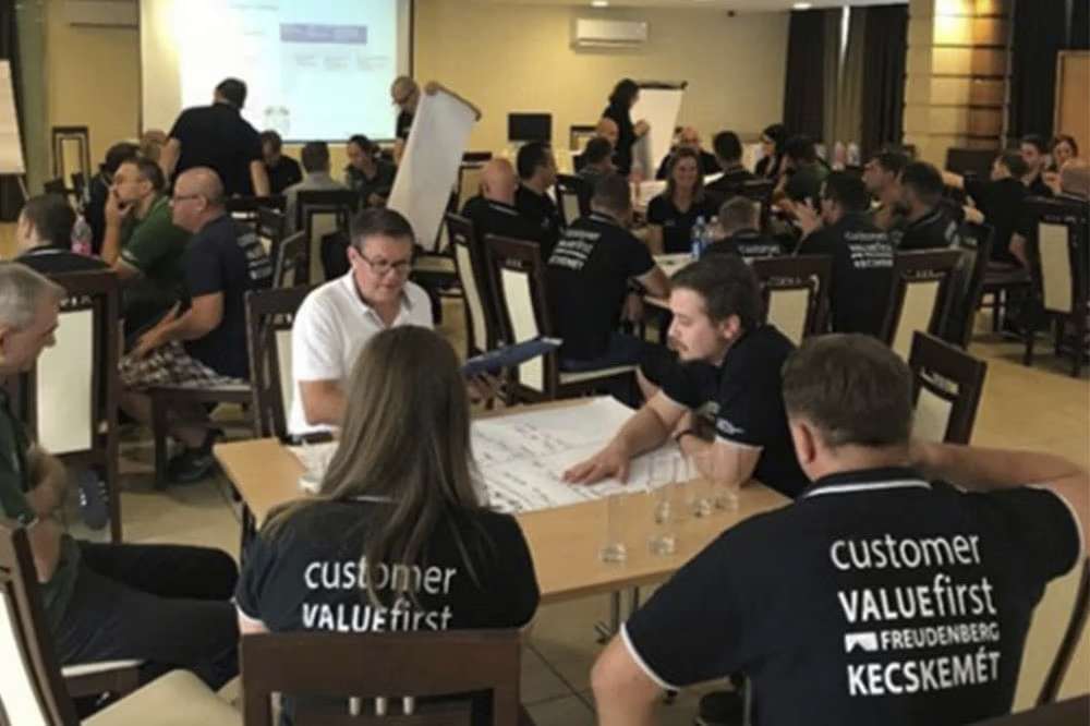 Freudenberg employees sit around several tables and have a workshop